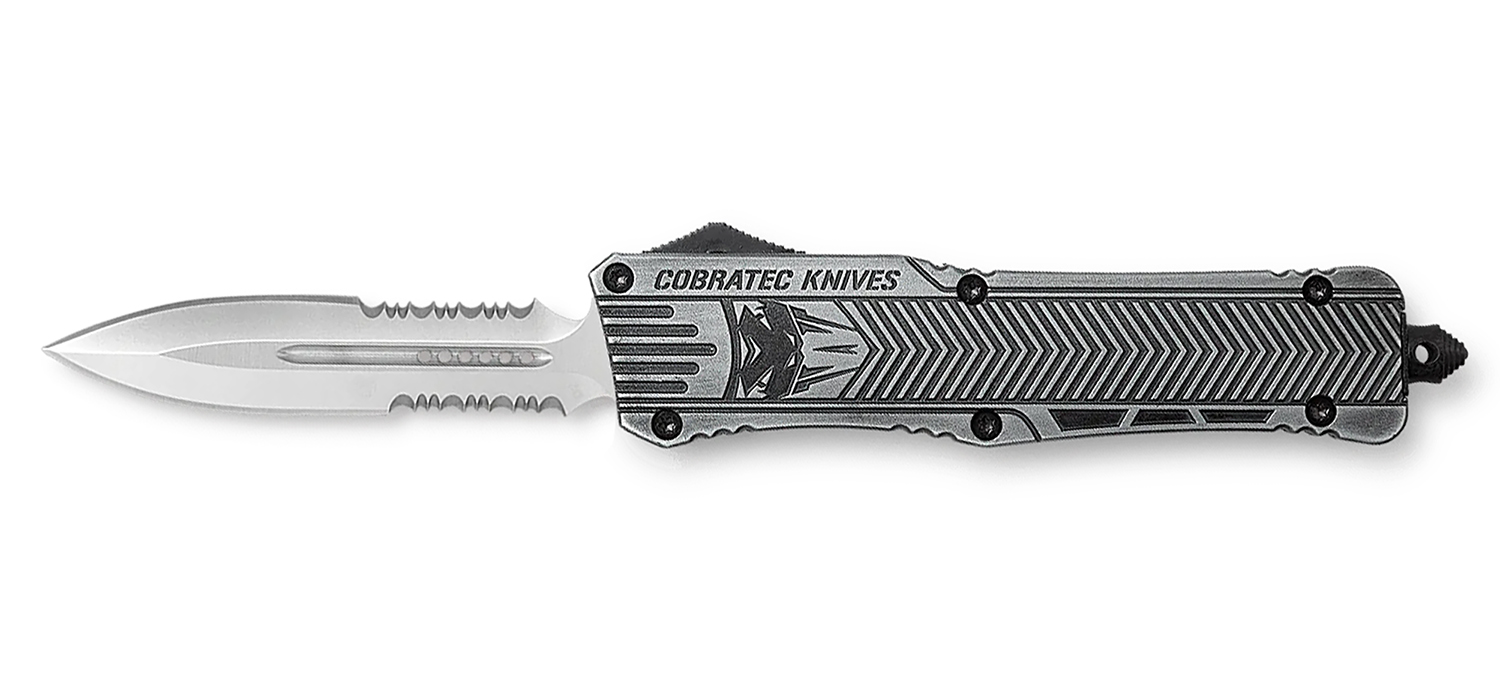CobraTec Knives LSWCTK1LDG2SS CTK-1 Large 3.75" OTF Dagger Part Serrated D2 Steel Blade/ Stonewashed Aluminum Handle Features Glass Breaker Includes Pocket Clip
