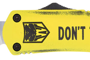 CobraTec Knives MDTOMFS3DNS FS-3 Don't Tread On Me Medium 3" OTF Drop Point Plain D2 Steel Blade Yellow w/"Don't Tread On Me" Aluminum Cerakoted Handle Features Glass Breaker Includes Pocket Clip