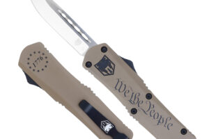 CobraTec Knives MWTPFS3DNS FS-3 We The People Medium 3" OTF Drop Point Plain D2 Steel Blade Tan w/"We The People" Aluminum Cerakoted Handle Features Glass Breaker Includes Pocket Clip