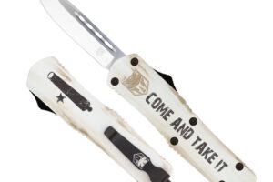 CobraTec Knives MCATIFS3DNS FS-3 Come And Take It 3" OTF Drop Point Plain 154CM SS Blade White w/"Come And Take It" Aluminum Cerakoted Handle Features Glass Breaker Includes Pocket Clip