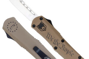 CobraTec Knives SWTPFS3DNS FS-3 We The People Small 2.75" OTF Drop Point Plain Aluminum Cerakoted D2 Steel Blade, Tan "We The People" Aluminum Handle