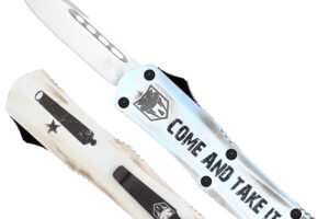 CobraTec Knives SCATIFS3DNS FS-3 Come And Take It Small 3" OTF Drop Point Plain D2 Steel Blade 4.50" White "Come And Take It" Aluminum Cerakoted Handle Includes Glass Breaker/Pocket Clip